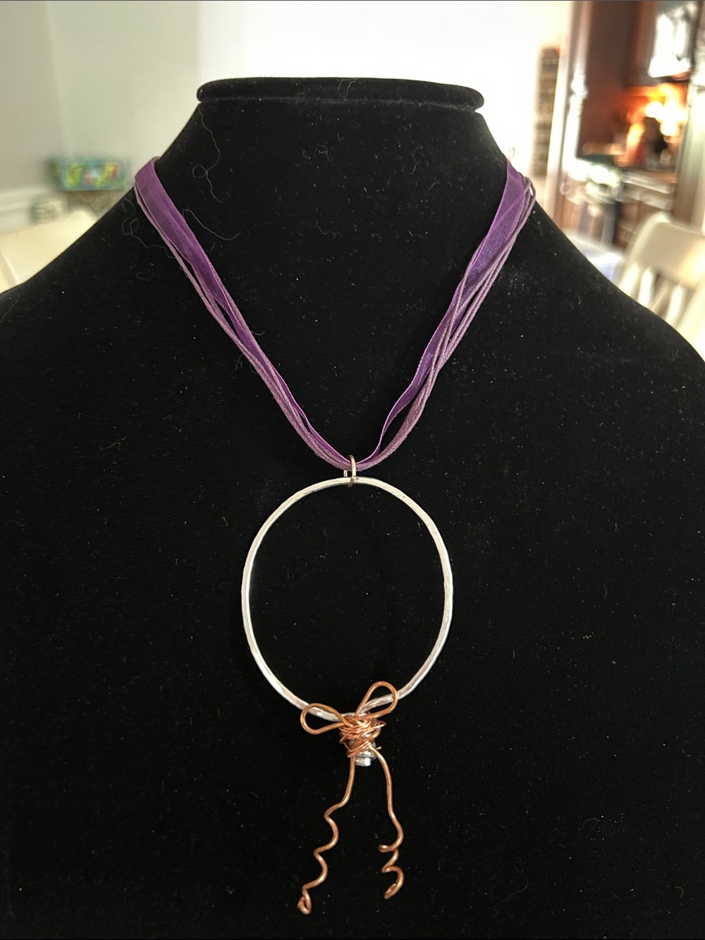 Purple Ribbon Necklace with Mixed Metal Balloon Pendant